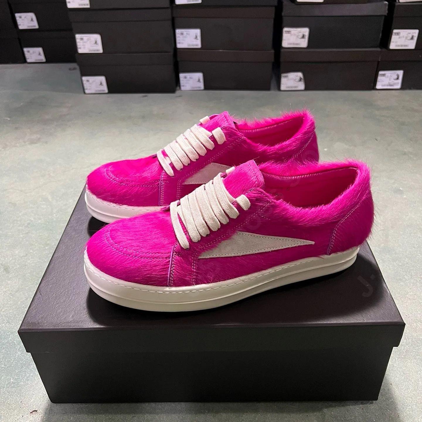 

R-o Classic Men Shoe Rose Pink Horse Hair Women Low Top Casual Shoes Retro Design Sneaker Horsehair White Suede Flat Sneakers 34