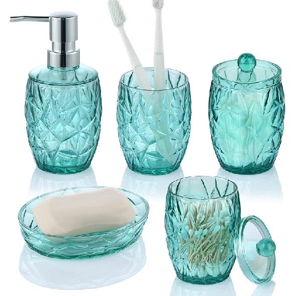 Teal Blue Bathroom Accessories Set 5pcs - Lotion Soap Dispenser, Toothbrush Holder, 2 Qtip Holder, Soap Dish, Bathroom Accessory Set, Modern Bathroom