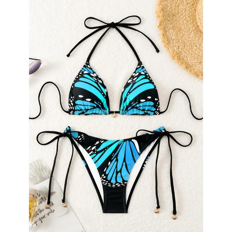 Women's Monarch Butterfly Print Triangle Bikini Set Tie Side Swimwear
