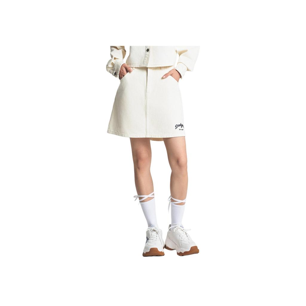 New MLB Varsity Los Angeles Dodgers Denim Short Skirts Women's Dark Cream 3FDSV0144-07CRD