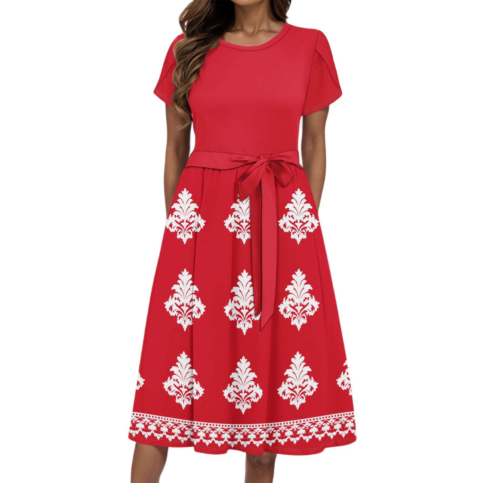 

Women s Summer Fashion Round Neck Casual Retro Printed Short Sleeve Dress M