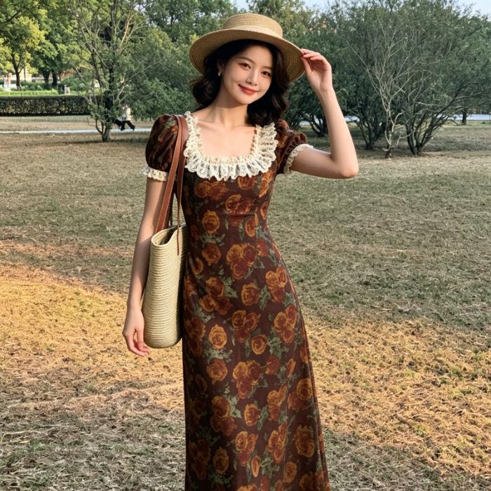New spring and summer French daughter retro floral dress women s brown waist temperament skirt vacation style S