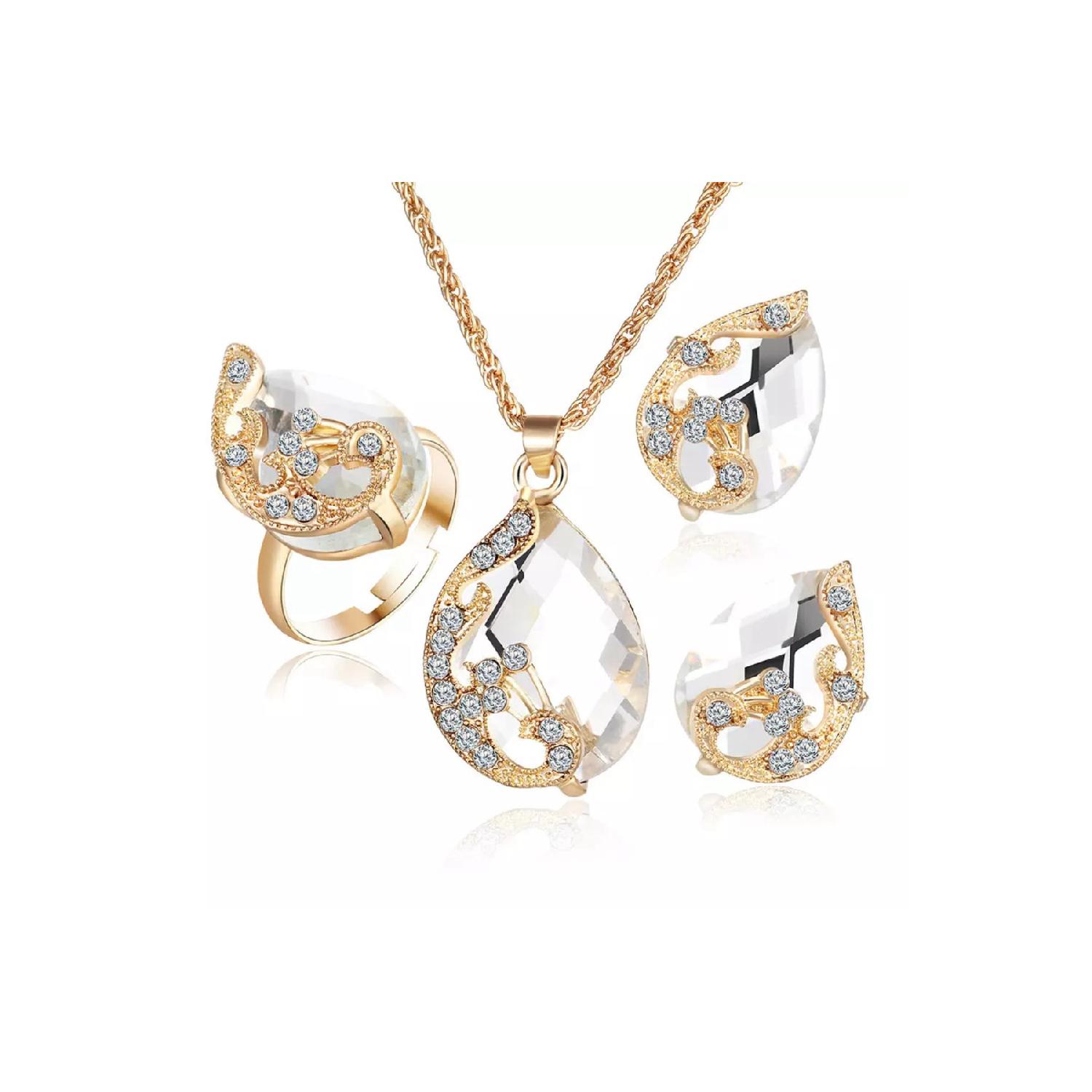

Женское позолоченное колье, кольцо и серьги с белым цирконом