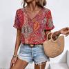 Casual V-neck Short Sleeved Top with Western Style Trend Printed Loose Women's T-shirts