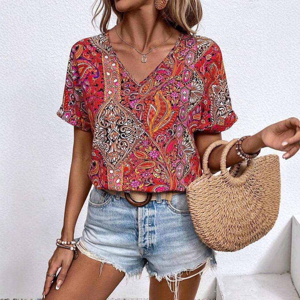 Casual V-neck Short Sleeved Top with Western Style Trend Printed Loose Women's T-shirts