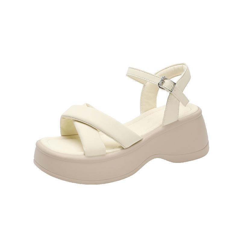 Summer new thick heel platform sandals women's versatile simple cross with one-button open-toe sandals