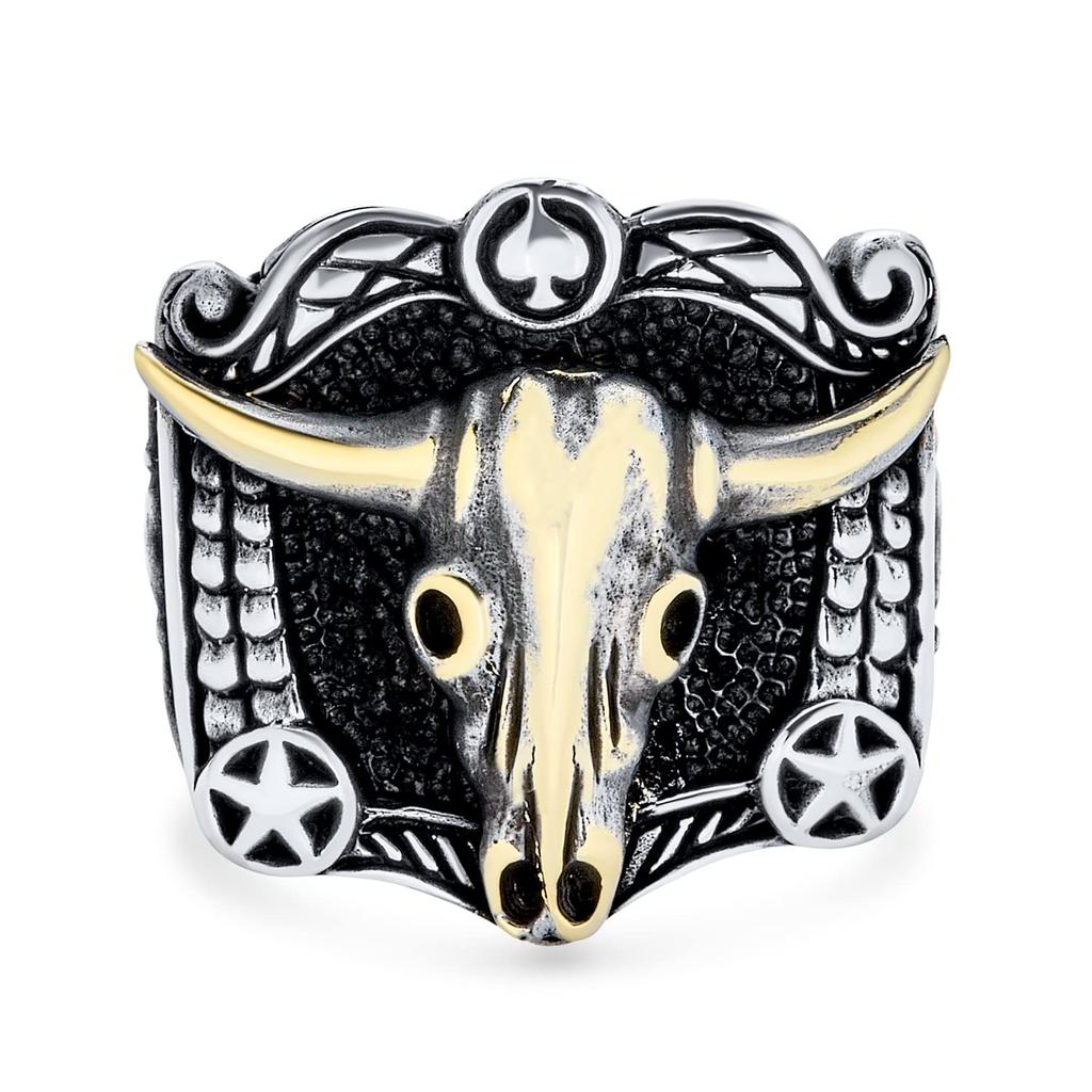 Black Texture Animal Buffalo Cow Skull Antelope Goat Big Western Jewelry Texas Longhorn Skull Signet Ring Two Tone Sterling Silver "Personalized Men's
