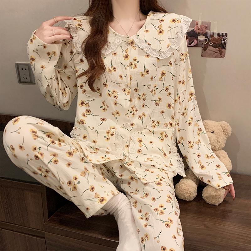 Women's Cartoon Lace Peter Pan Collar Cotton Pajamas - Long Sleeve, Spring/Fall, Winter Style