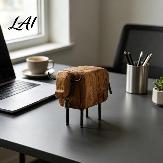 Cute Sheep Statue for Entryway Rustic Figurine with Bell Faux Wood Resin Farmhouse Lamb Statue Stable Sculpture Table Vintage Country Style Desktop