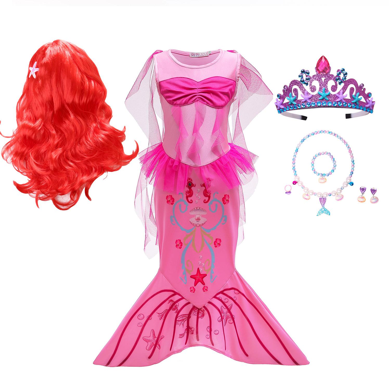 

Костюм принцессы Русалочки для девочек, детское платье для косплея + парик + аксессуары, детская одежда на Хэллоуин, карнавал, день рождения 130