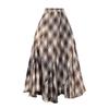 Qooth Plaid Ruffle Midi Skirt Coffee Brown Elastic Waist Polyester Skirt QT2879