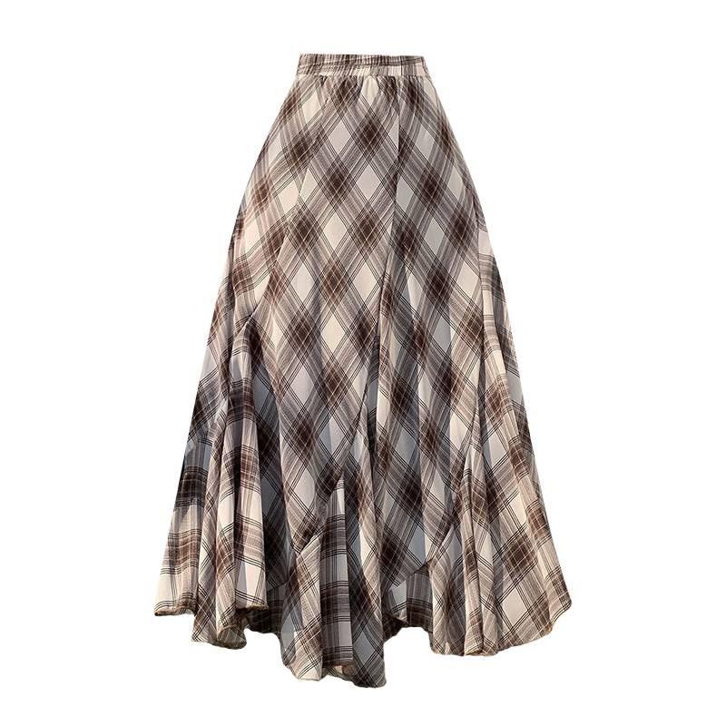 Qooth Plaid Ruffle Midi Skirt Coffee Brown Elastic Waist Polyester Skirt QT2879