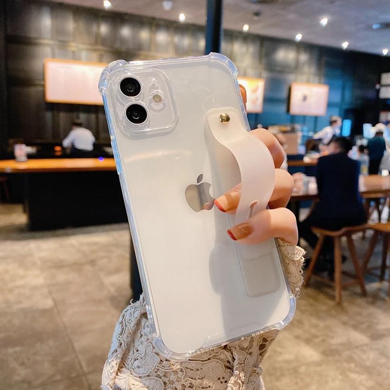 Soft Wrist Strap Phone Case For iPhone 11 12 13 14 15 16 17 Pro Max X XR Xs Max Plus Kickstand Transparent Bumper  Cover