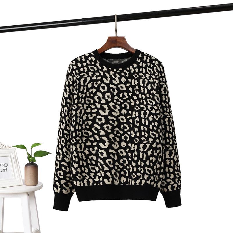 

Qooth Leopard Print Jacquard Sweater Women Color Blocking Loose Fit Knit Pullover QT2792 One Size чёрный/абрикосовый