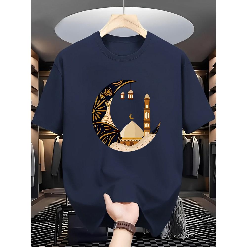 Ramadan Gold Pattern Moon Fashion Casual Pattern Print Men's T-Shirt Comfortable Soft Short-Sleeve Summer Holiday Gift Men Top