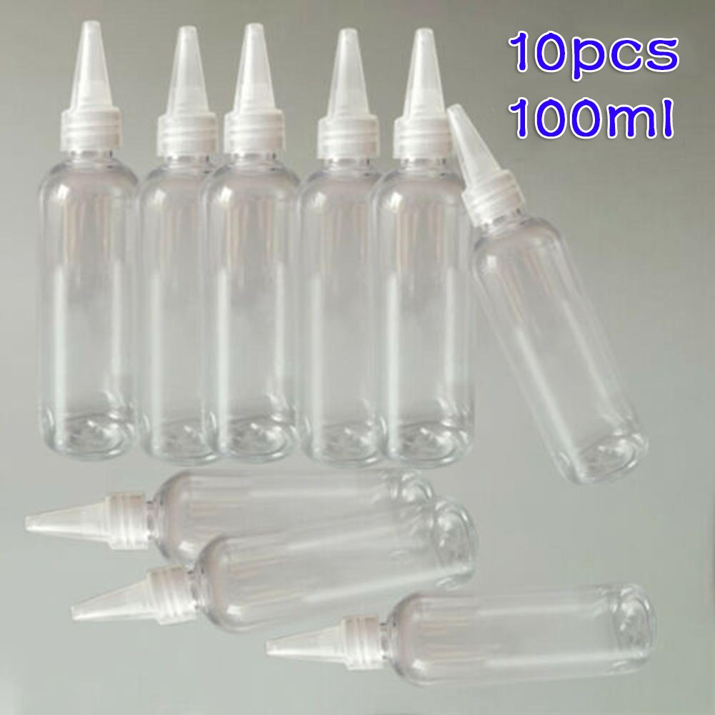 10 Piece Set of Clear PET Plastic Bottles 100ml Capacity Empty Twisting Top Nozzle Dropper for Various Liquids