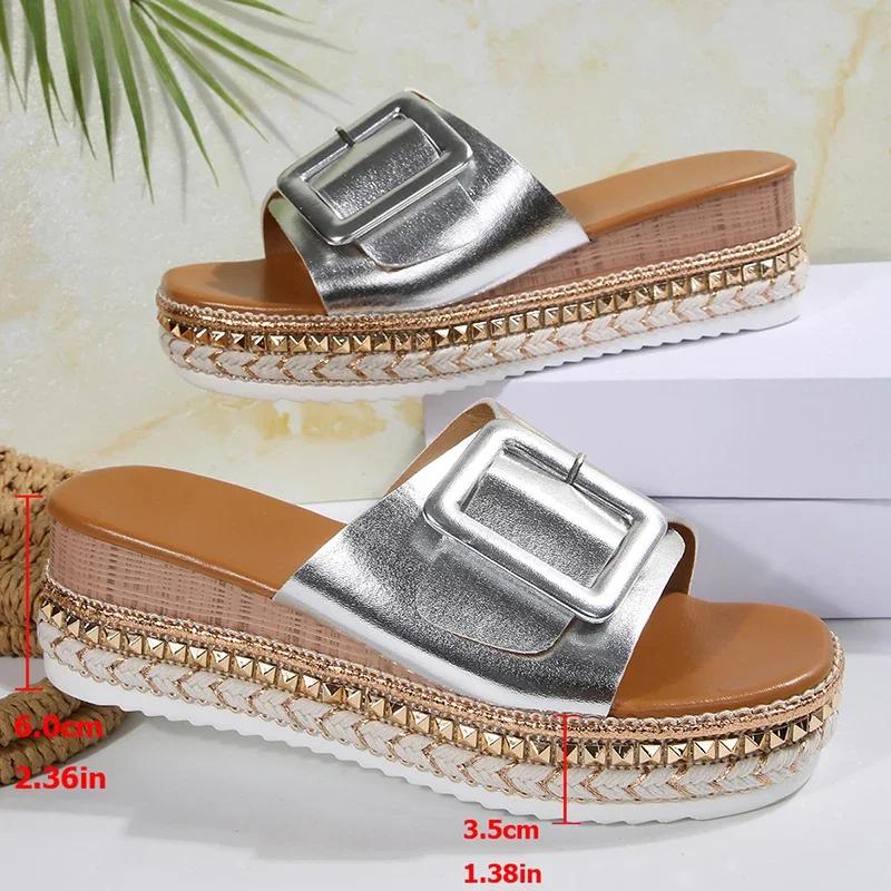 Fashion Fashion Buckle Women's Shoes Thick-Soled Slippers 2025 Summer Wedges Sandals Plus Size 36-43 Women Chic Rivets Platform Slides