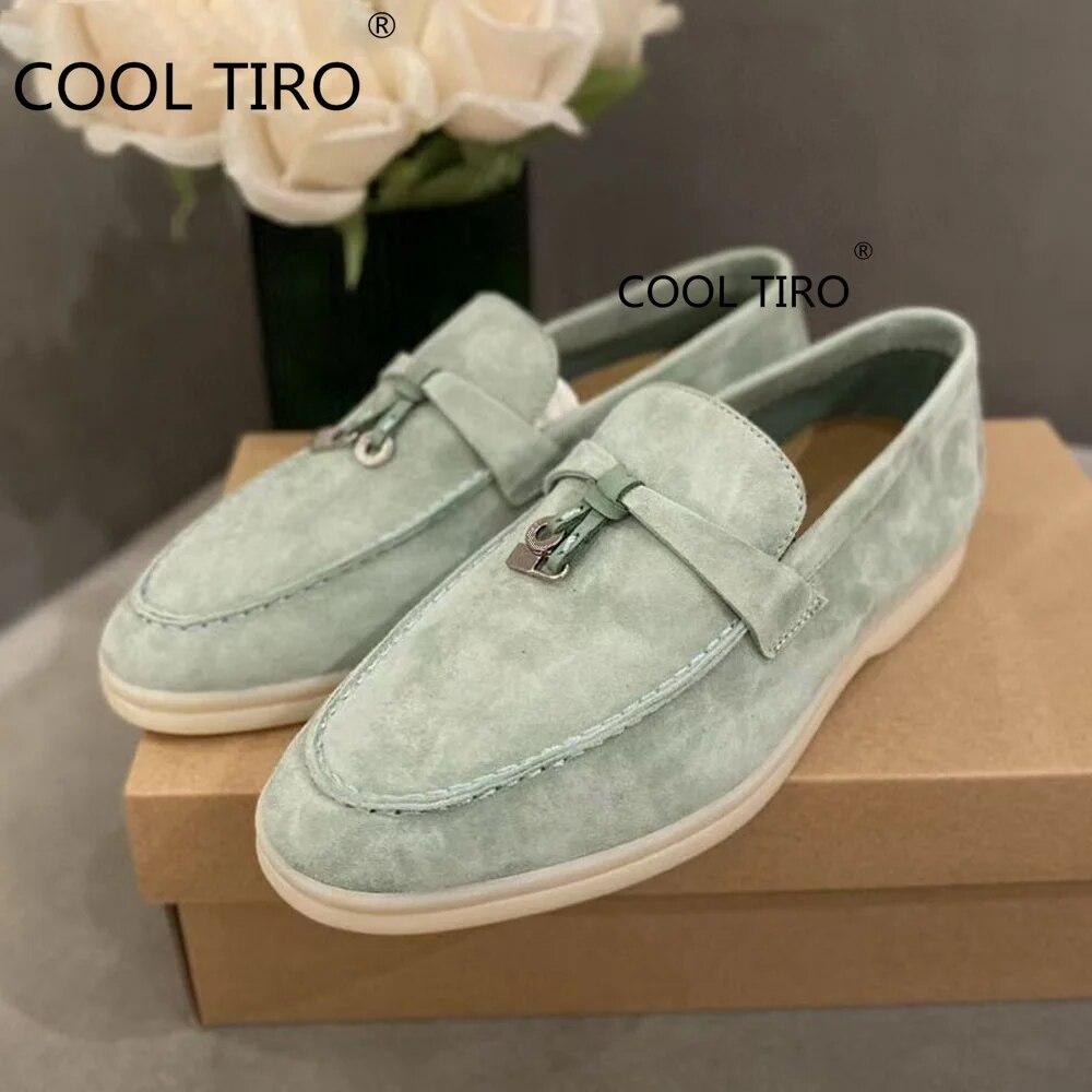 Woman Flat Shoes Slip On Women Loafers Leather Metal Lock Blue Suede Moccasins Mules Casual Driving Shoe Summer Walk Shoes Femme