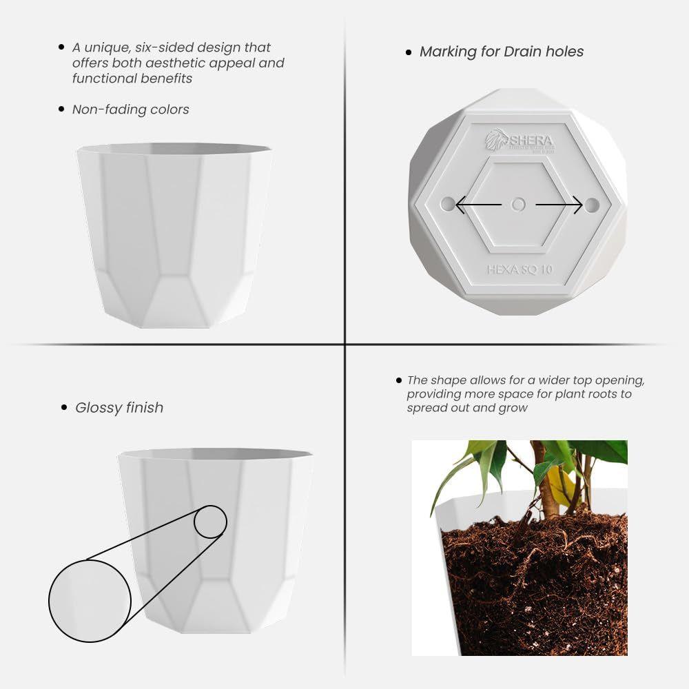 Hexa Plastic Flower Pot with Drainage Holes Round Planter Pot Suitable for Indoor Outdoor Kitchen Garden (White, 10 INCH - 12 Pcs)