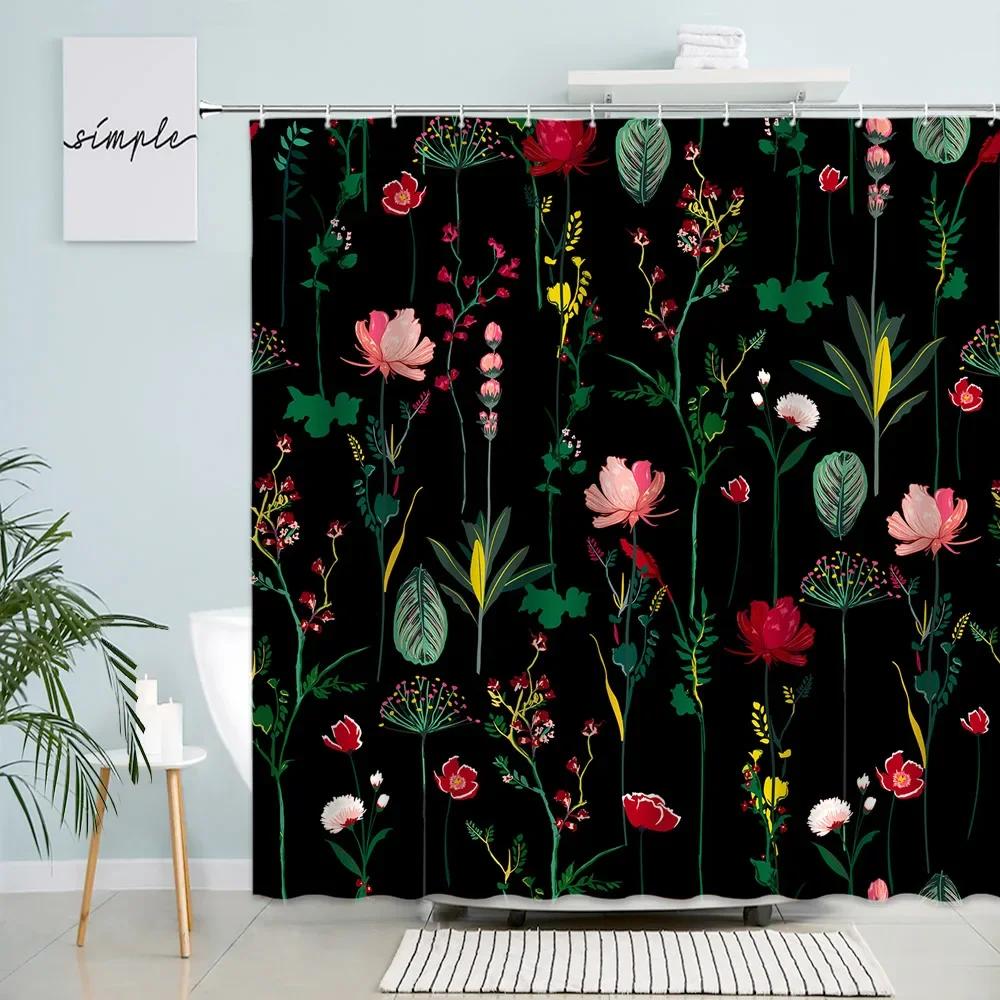 Plant Flowers Shower Curtains Pink Rose Butterfly Dandelion Simple Floral Black Bath Curtain Modern Print Fabric Bathroom Decor