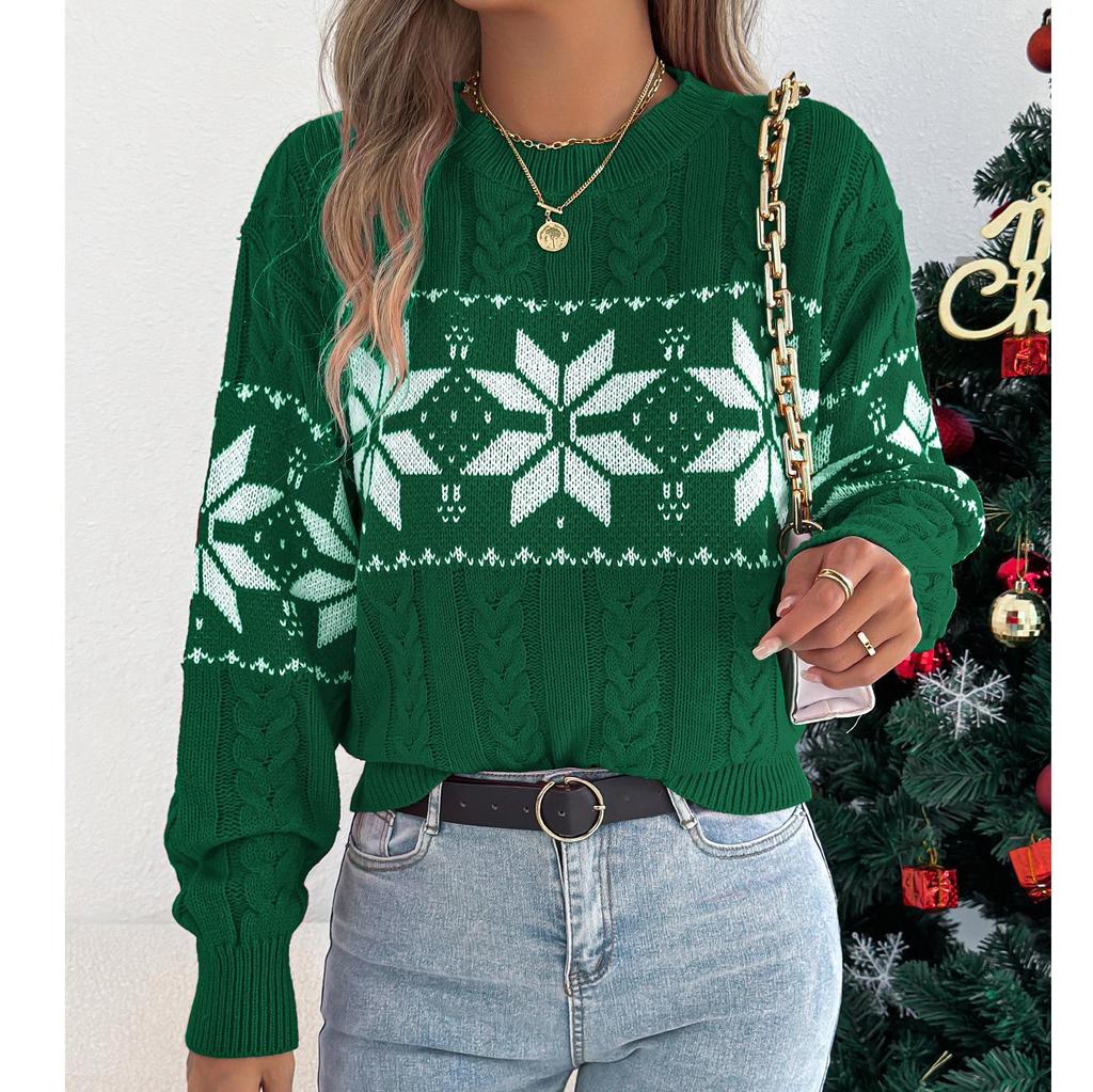 Weihnachts Damenpullover Herbst Winter Lässig Kontrastfarbe Schneeflockenmuster Gestrickte Oberteile Rundhalsausschnitt Langärmliger Pullover