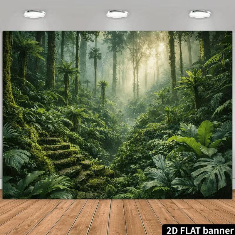 2D Mystical Forest Mural with Sunbeams and Tropical Plants Photo Background