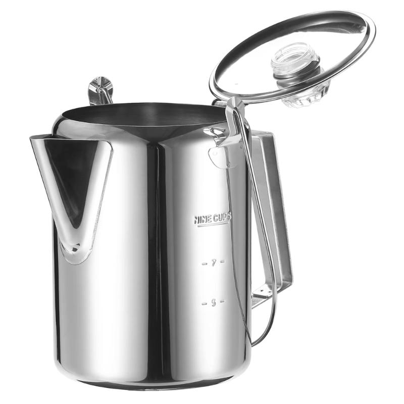 Kaffeperkolator med gångjärnslock Rostfritt stål Genomskinlig knopp Kaffebryggare Kaffekanna för lägereldar och spishällsbryggning