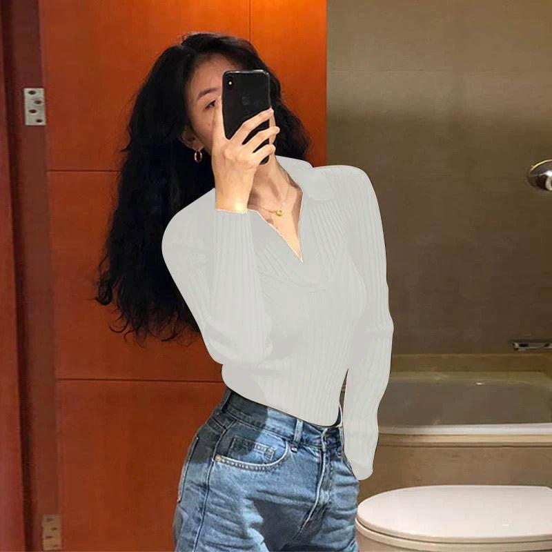 

All Match V-neck Pullover Knitted Base Polo Shirt Women s Autumn Winter New Interior Style Stylish Top S белый