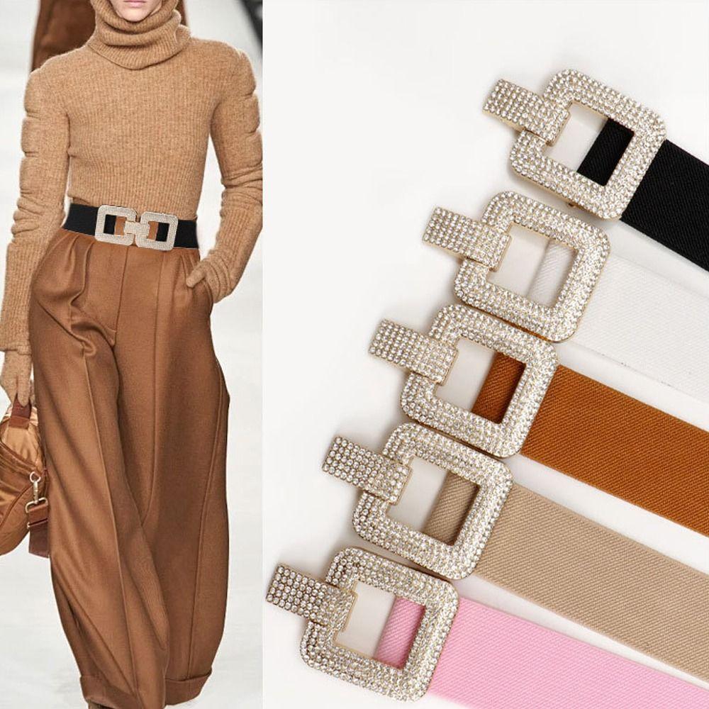 Exquisite Wide Stretch Waistband Rhinestone Buckle Solid Color Waist Strap Casual Waist Belts Women