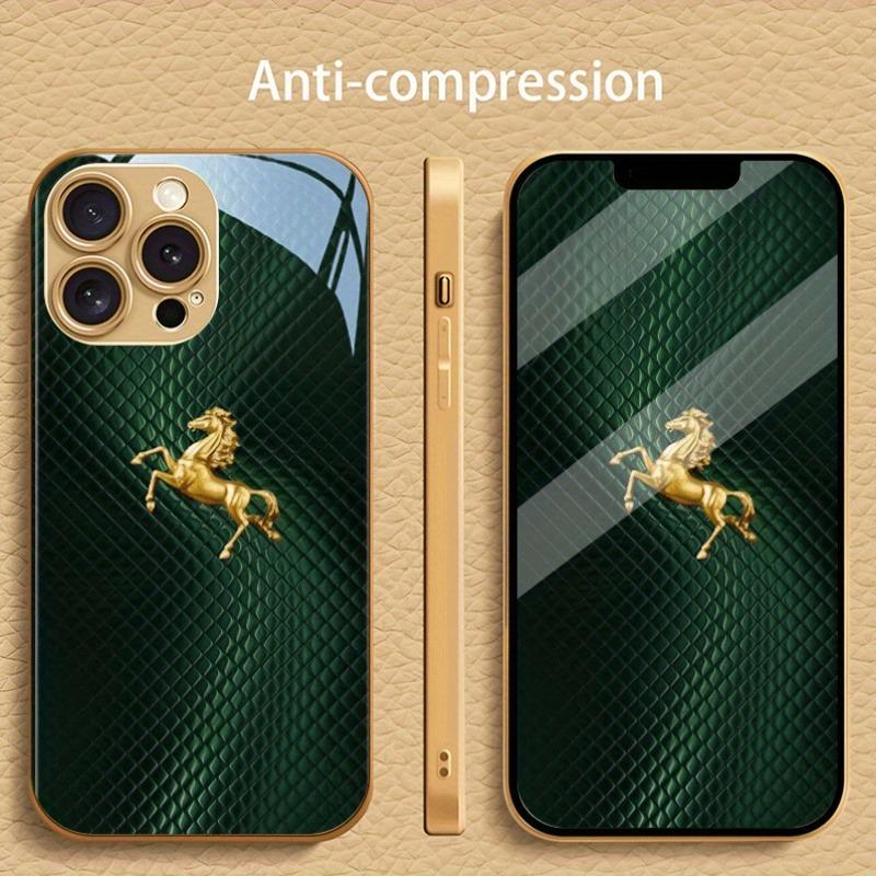 Green Plaid Gold Horse Pattern Metallic Paint Glass Phone Case For iPhone 17 16 15 14 13 12 11 Pro Max 15 Plus 17 Air 16E Cover