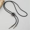 Men's Adjustable Western Bolo Tie Necklace with Antique Black Stone Pendant Charm Leather Cord Necktie Jewelry Accessory