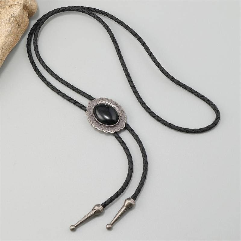 Men's Adjustable Western Bolo Tie Necklace with Antique Black Stone Pendant Charm Leather Cord Necktie Jewelry Accessory