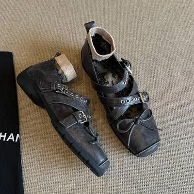 2025 Frühling und Herbst Neue flache Schuhe mit flachem Mund, quadratischem Ausschnitt und Hohlmuster, Retro, multifunktional, mit Schleife, Ballerinas für Damen