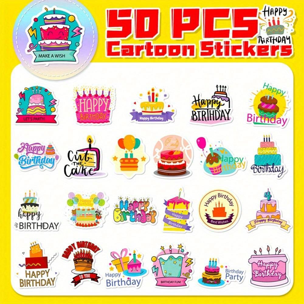50pcs Cartoon Birthday Cake & Happy Birthday Candle Graffiti Stickers, Personalized Decoration for Guitar, Notebook, Luggage, Laptop, Motorcycle