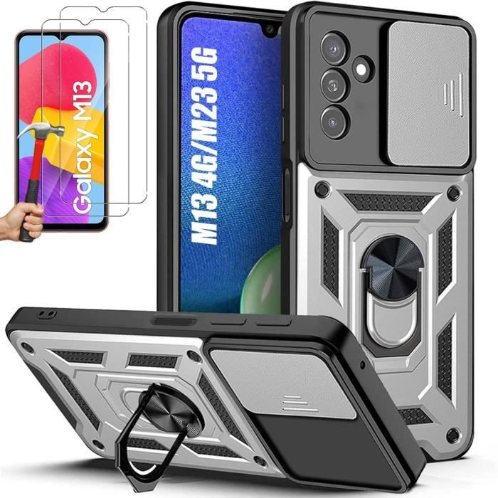 Coque pour Samsung Galaxy M13 - M23 5G Argenté Antichoc Renforcé Anneau Arrière + 2 Verres Trempés