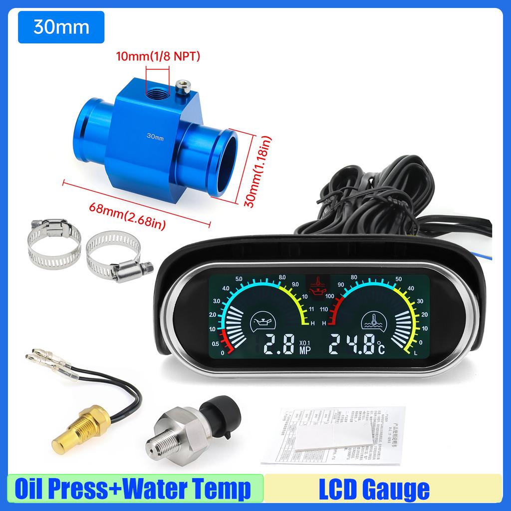 MAIMEIMI LCD Gauge Oil Pressure Gauge+Water Temperature Meter with Sensor Temperature Joint Pipe Sensor Radiator Hose Adapter