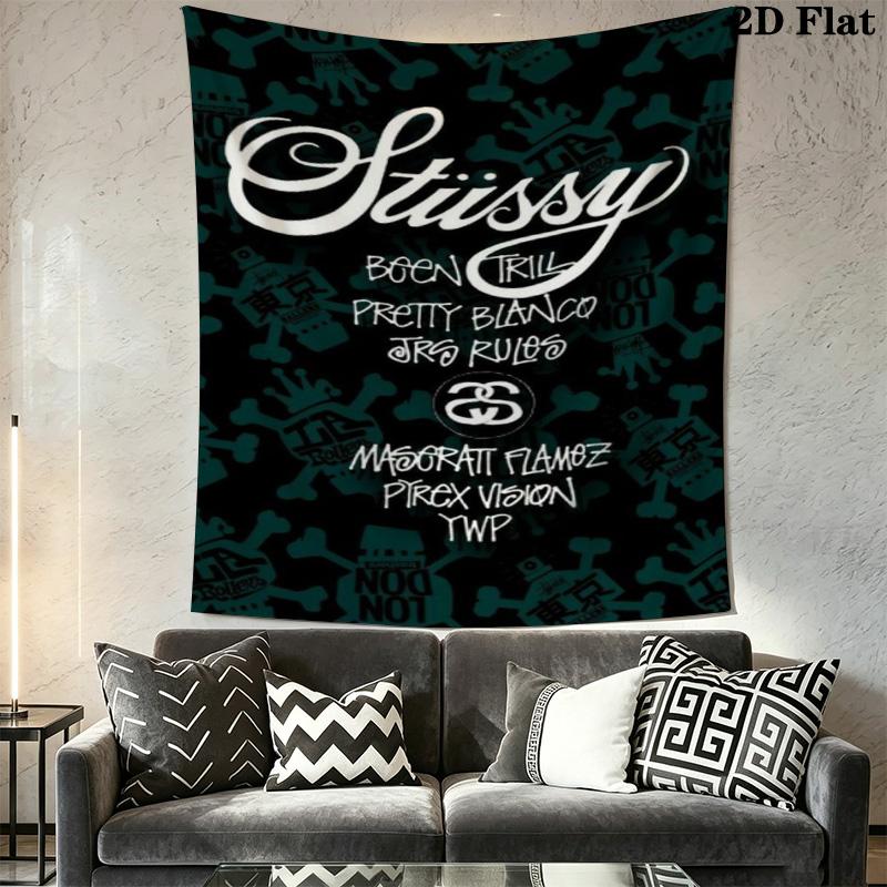 Teal Skull Pattern Tapestry, Vintage Street Brand Text Logo Collage Wall Hanging Aesthetic Decor