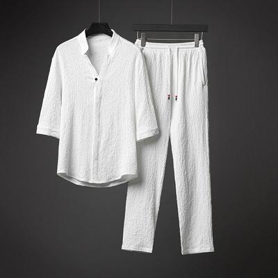 Men's Suit Casual Outfit Loose Cotton Linen Mid Sleeve Shirts Long Pants Set Two Piece Male Clothing Summer Spring Classic Shirt