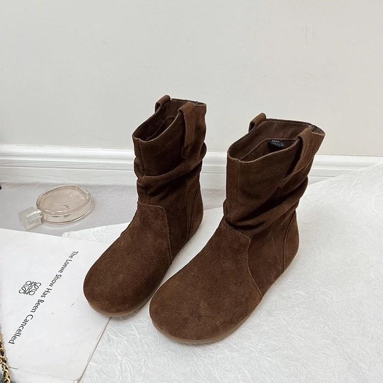 Martin Boots Women's 2025 Autumn and Winter New Round Head Pleated Bare Boots with Skirt Half Boots Spring and Autumn Single Boots Boken Short Boots