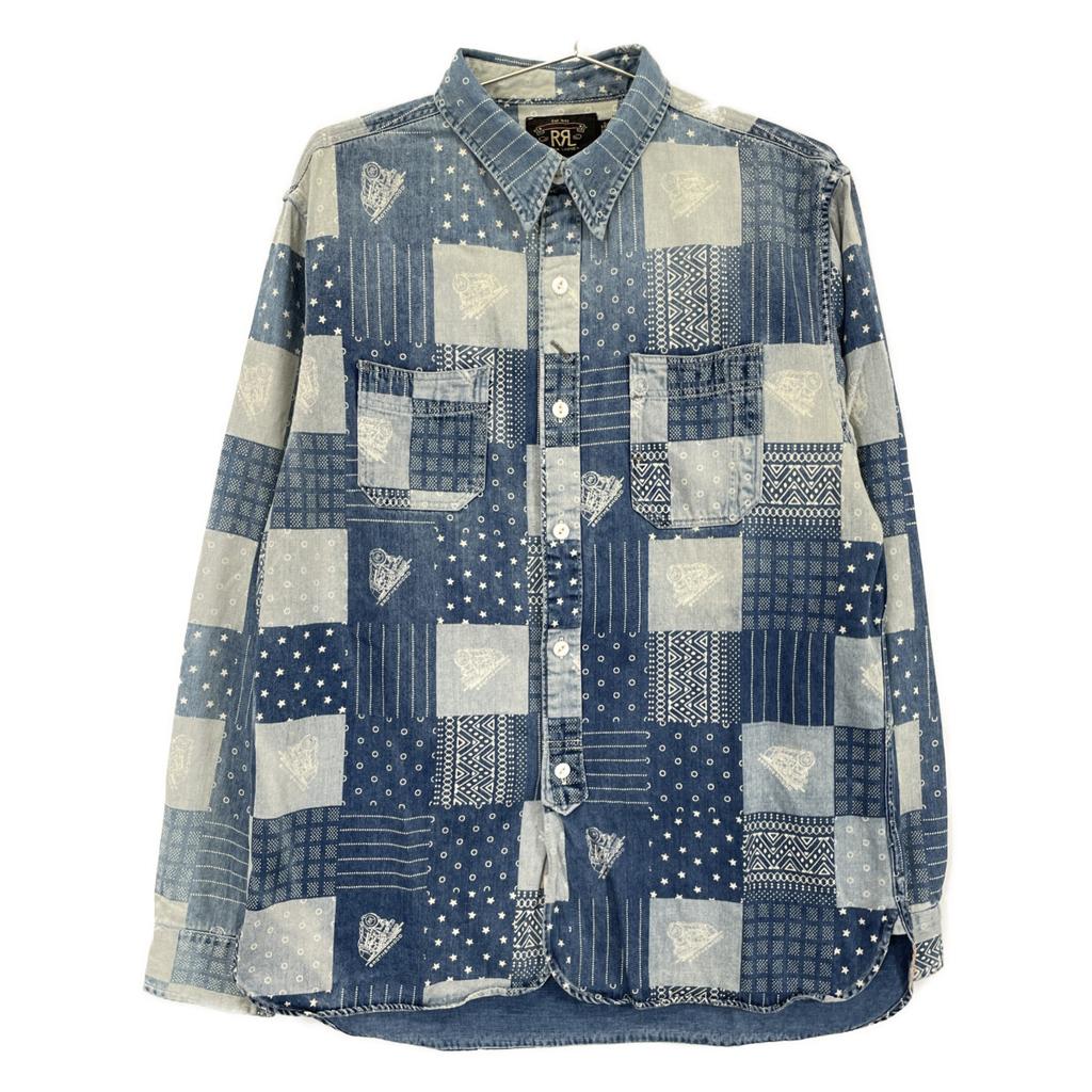 RRL Indigo X Blue Band Color Print Patchwork Shirt Tops M Indigo X blueUsed