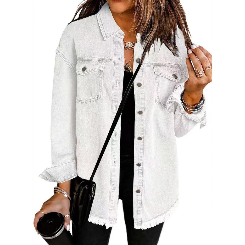 Autumn Winter Women's Washed Denim Shirt Jacket, Raw Edge Hem Street Style Coat with Vintage Finish, Oversized Shacket for Casual Wear