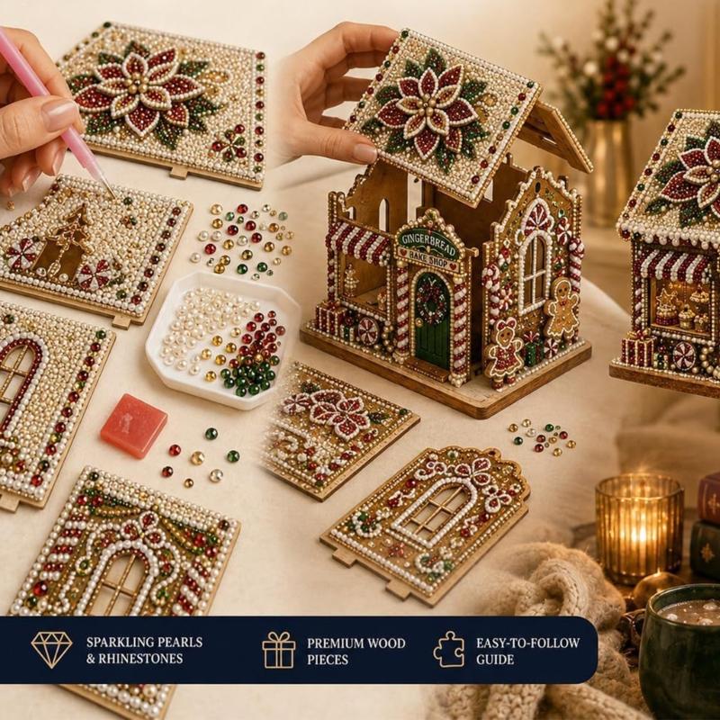 Wooden Christmas Houses Craft Set with Rhinestones Painting Piece, Pearls-Style Accents, and Tools for Hands-On Decorating