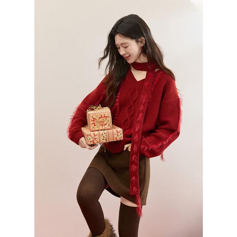 Mìxiù Women's Wine Red Pullover Sweater with Tassel Scarf