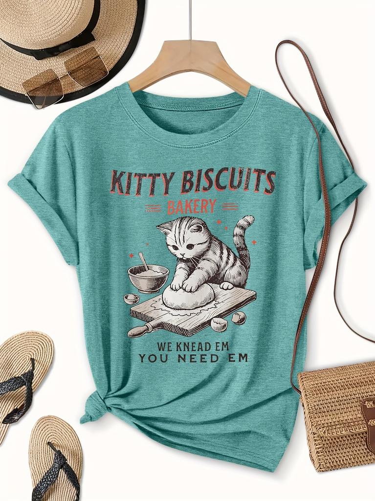 Kitty Biscuits Bakery Women's Tee - Funny Cat Kneading Dough Graphic, Casual Dark Grey Top