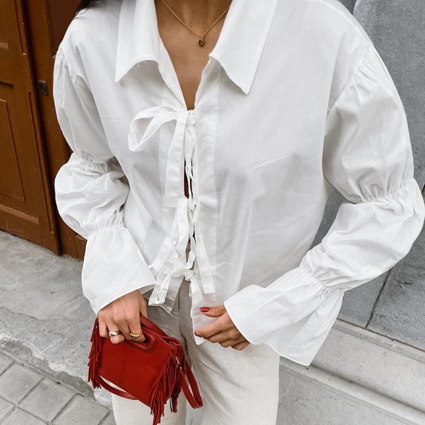 1116 Spring New Commuter White Lace-Up Lantern Sleeve Top Women's Fashion Lapel Long Sleeve Shirt European and American Women's Clothing