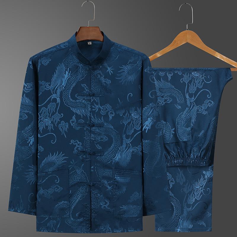 Ice Silk Tang Suit Long-Sleeved Shirt: Men's Chinese-Style Spring/Autumn Dress for Middle-Aged and Elderly