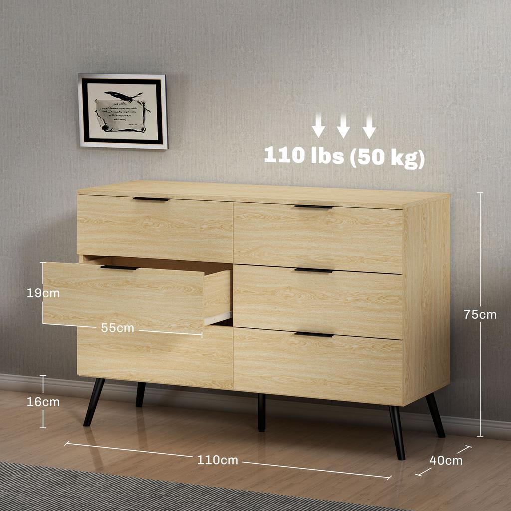 6-Drawer Chest Modern Chest of Drawers for Bedroom with Anti-Tip Design 110L x 40W x 75H cm Wood Look