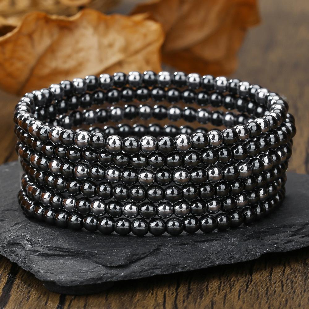 Cross Men's Multi-layer Bracelet Set: Black Gallstone, Volcanic Stone, Wood Beads. Elastic Jewelry.