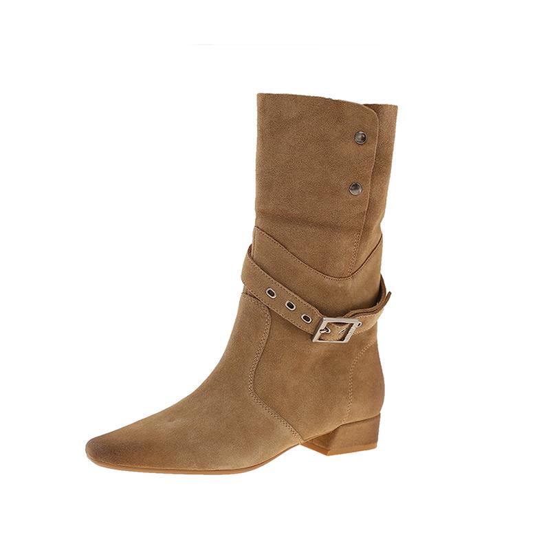 Fashion Mid Calf High Heels Women Boots Suede Shoes Chelsea Boots Winter 2025 Designer New Square Toe Shoes Fashion Pumps Mujer Botas