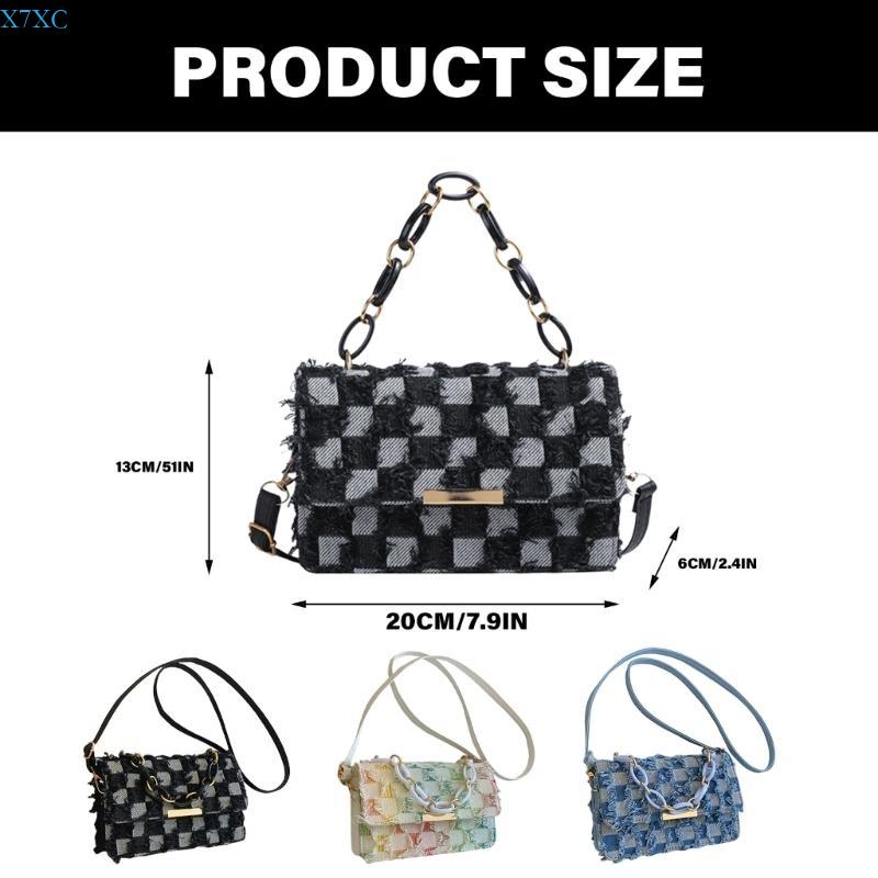X7XC Korean Shoulder Bag with Adjustable Strap for Womens Chain Handle Denims Tassels Handbag Checkered Jeans Crossbody Purse